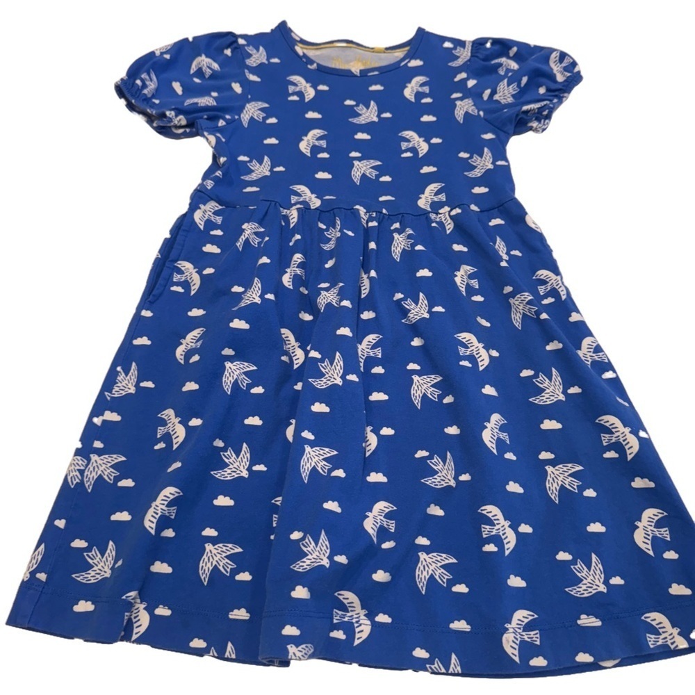 Mini Boden Girls Puff Sleeve Cotton Dress Blue & White Sz 6-7 Years